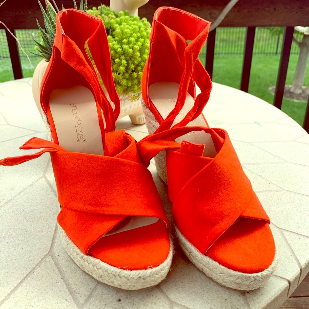 Bright Red soft fabric Roman wedges !
